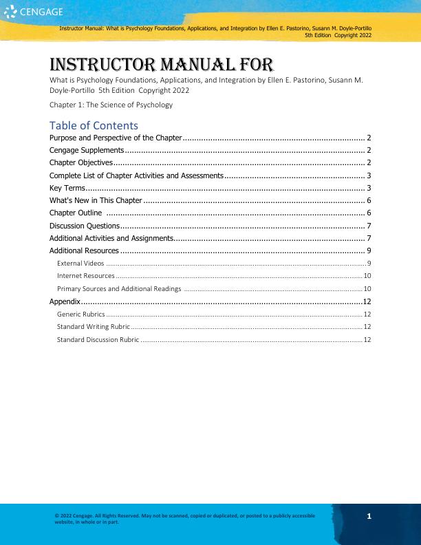 Solution Manual For What is Psychology Foundations, Applications, and Integration 5th Edition by Ellen E. Pastorino, Susann M. Doyle-Portillo Copyright 2022 Chapter 1-14