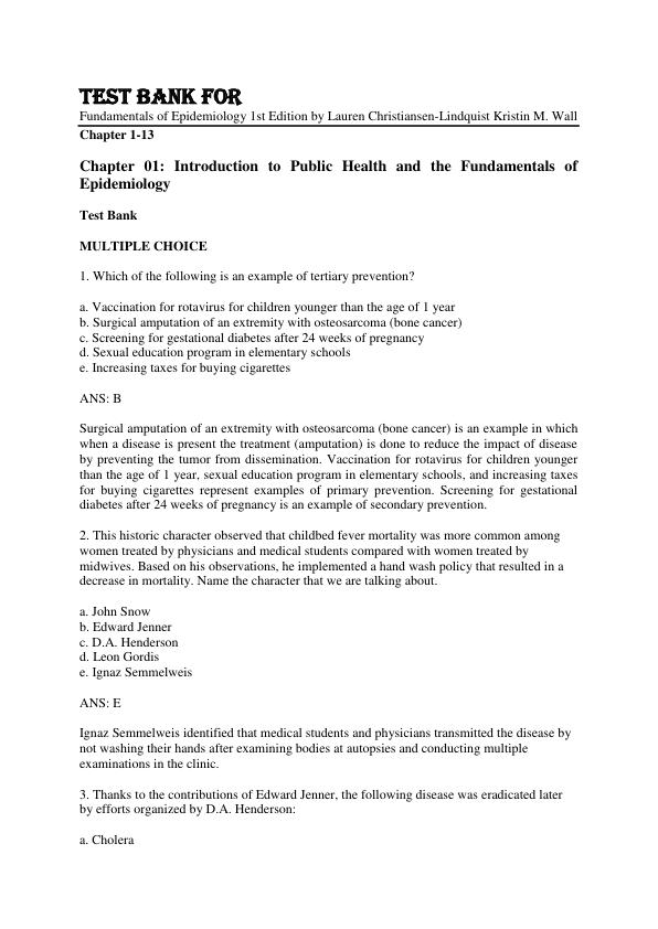 Test Bank For Fundamentals of Epidemiology 1st Edition by Lauren Christiansen-Lindquist Kristin M. Wall Chapter 1-13