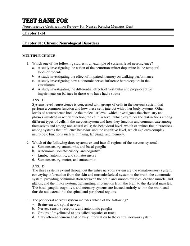 Test Bank For Neuroscience Certification Review for Nurses Kendra Menzies Kent Chapter 1-14