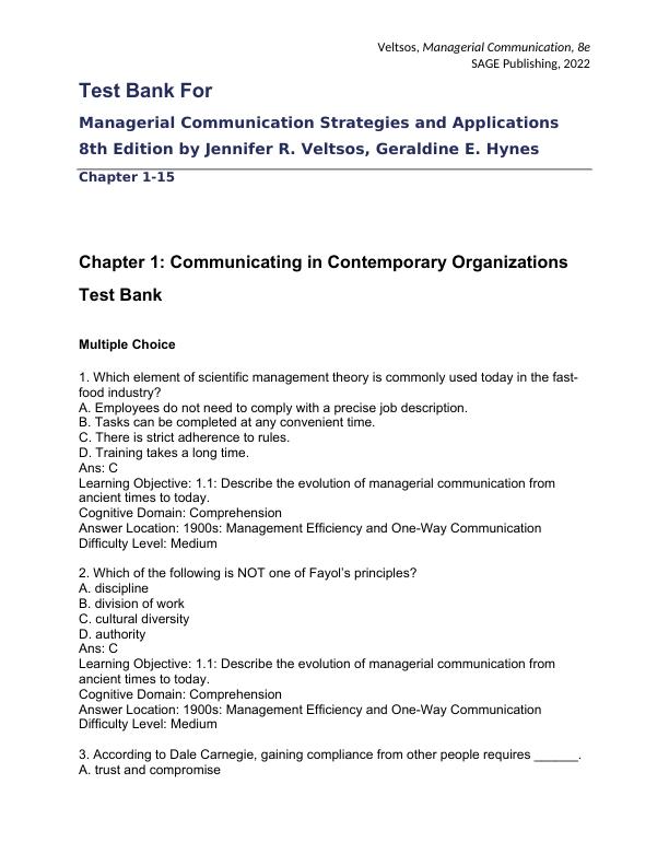 Test Bank For Managerial Communication Strategies and Applications 8th Edition by Jennifer R. Veltsos, Geraldine E. Hynes Chapter 1-15