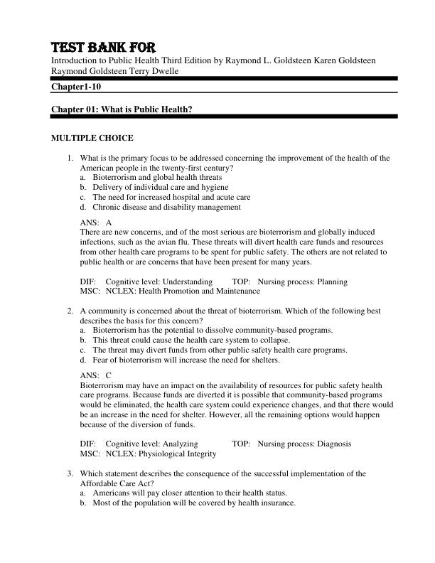 Test Bank For Introduction to Public Health Third Edition by Raymond L. Goldsteen Karen Goldsteen Raymond Goldsteen Terry Dwelle Chapter 1-10