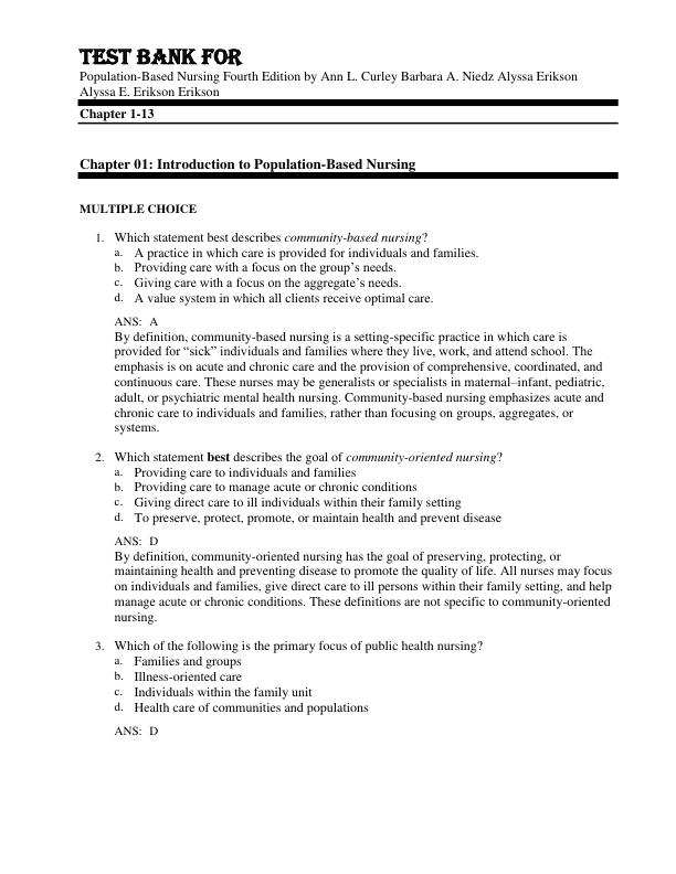 Test Bank For Population-Based Nursing Fourth Edition by Ann L. Curley Barbara A. Niedz Alyssa Erikson Alyssa E. Erikson Erikson Chapter 1-13