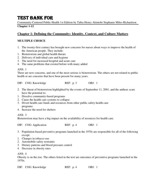 Test Bank For Community-Centered Public Health 1st Edition by Tabia Henry Akintobi Stephanie Miles-Richardson Chapter 1-12