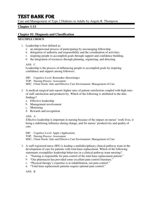 Test Bank For Care and Management of Type 2 Diabetes in Adults by Angela R. Thompson Chapter 1-13