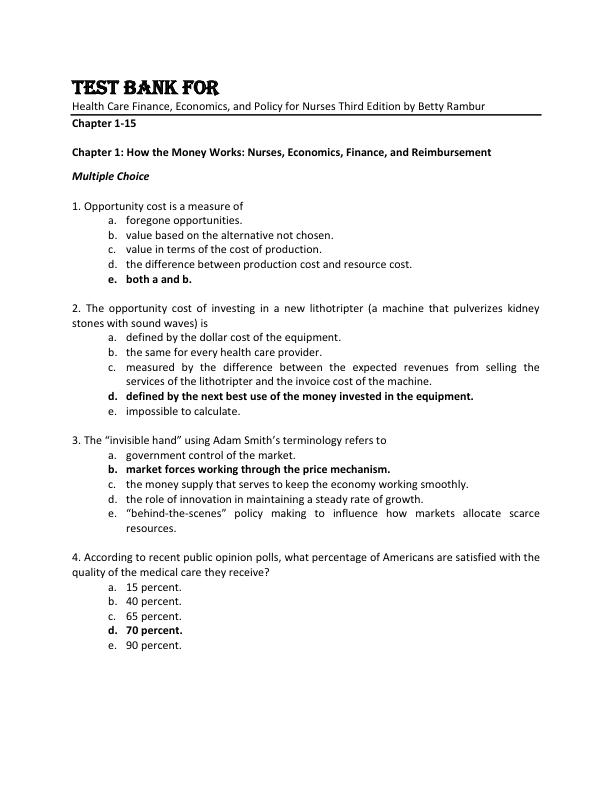 Test Bank For Health Care Finance, Economics, and Policy for Nurses Third Edition by Betty Rambur Chapter 1-15