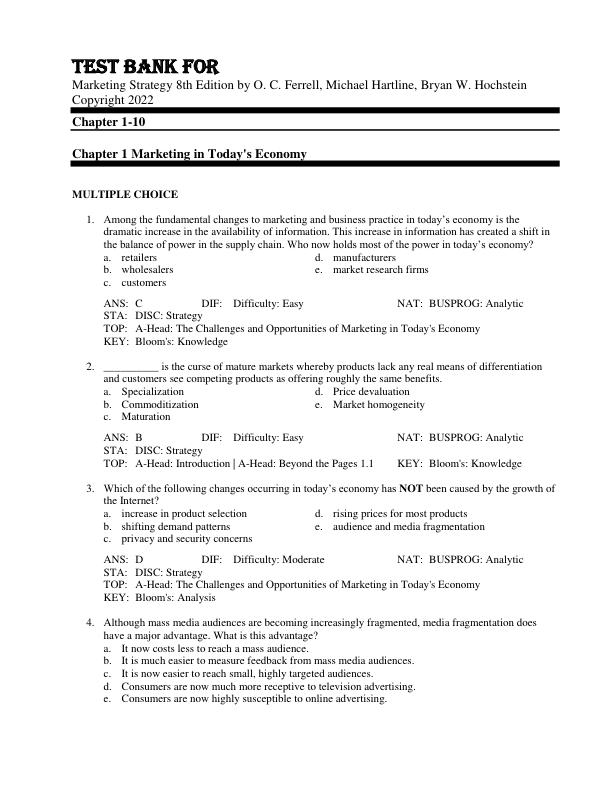 Test Bank For Marketing Strategy 8th Edition by O. C. Ferrell, Michael Hartline, Bryan W. Hochstein Copyright 2022 Chapter 1-10