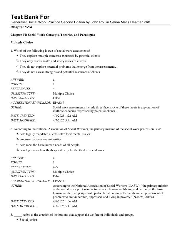 Test Bank For Generalist Social Work Practice Second Edition by John Poulin Selina Matis Heather Witt Chapter 1-14