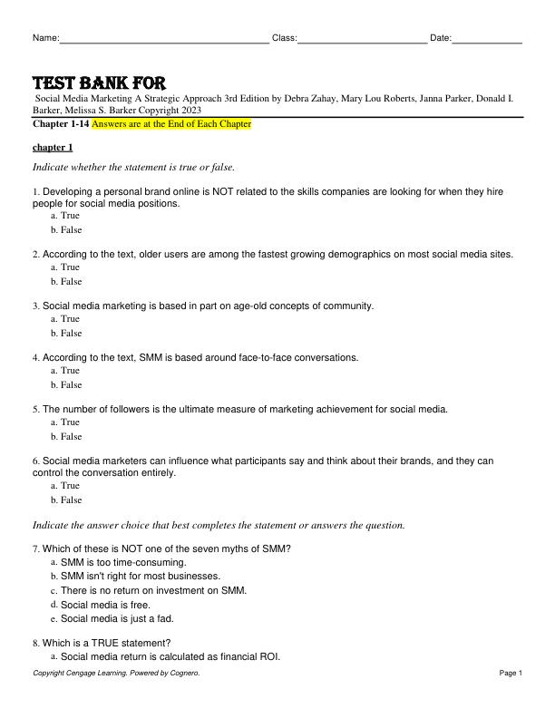 Test Bank For Social Media Marketing A Strategic Approach 3rd Edition by Debra Zahay, Mary Lou Roberts, Janna Parker, Donald I. Barker, Melissa S. Barker Copyright 2023 Chapter 1-14