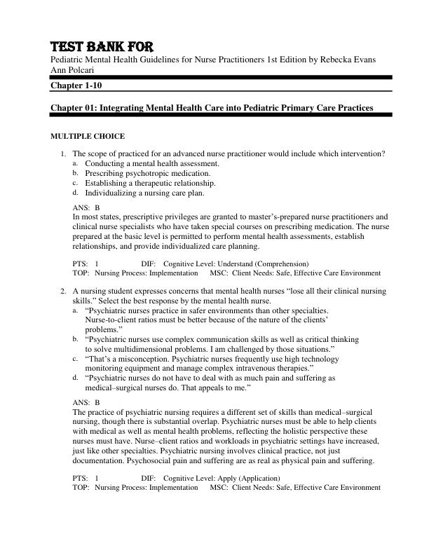 Test Bank For Pediatric Mental Health Guidelines for Nurse Practitioners 1st Edition by Rebecka Evans Ann Polcari Chapter 1-10