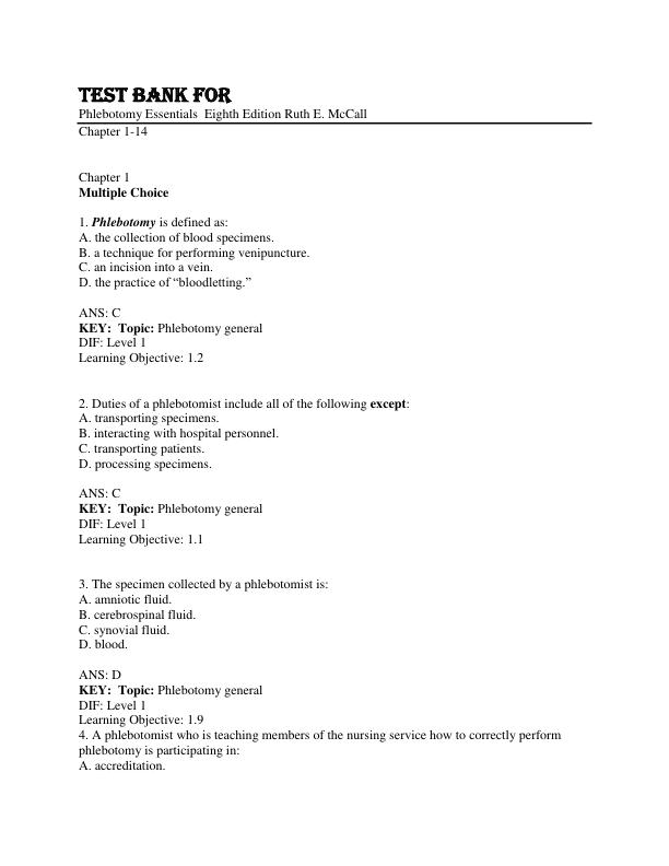 Test Bank for Phlebotomy Essentials  Eighth Edition Ruth E. McCall