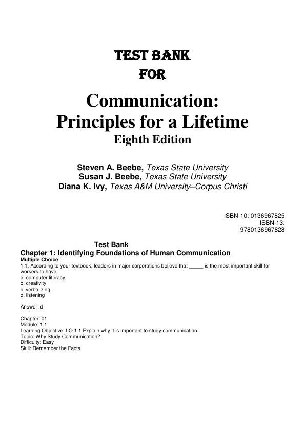 Test Bank For Communication Principles for a Lifetime, 8th Edition by Steven A. Beebe, Susan J. Beebe, Diana K. Ivy Chapter 1-15