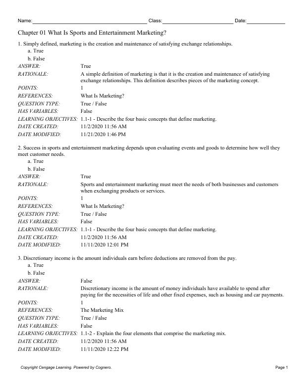 Test Bank For Sports and Entertainment Marketing 5th Edition by Ken Kaser, Dotty B. Oelkers Copyright 2022 Chapter 1-15