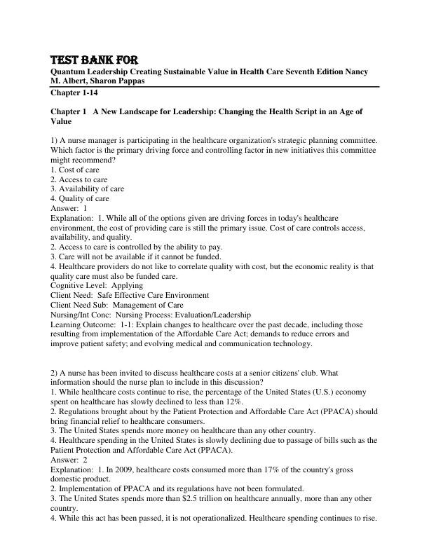 Test Bank for Quantum Leadership Creating Sustainable Value in Health Care Seventh Edition Nancy M. Albert, Sharon Pappas