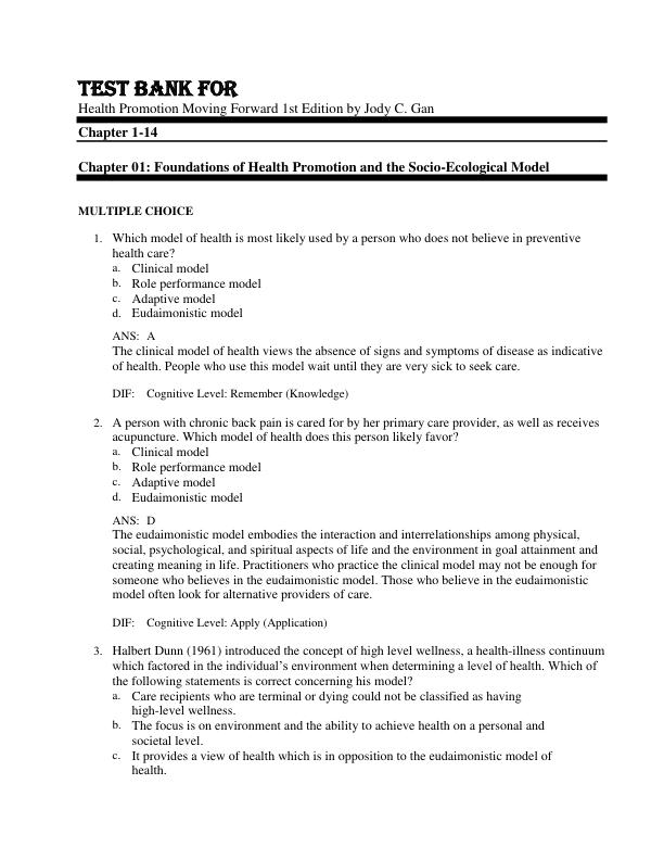 Test Bank For Health Promotion Moving Forward 1st Edition by Jody C. Gan Chapter 1-14