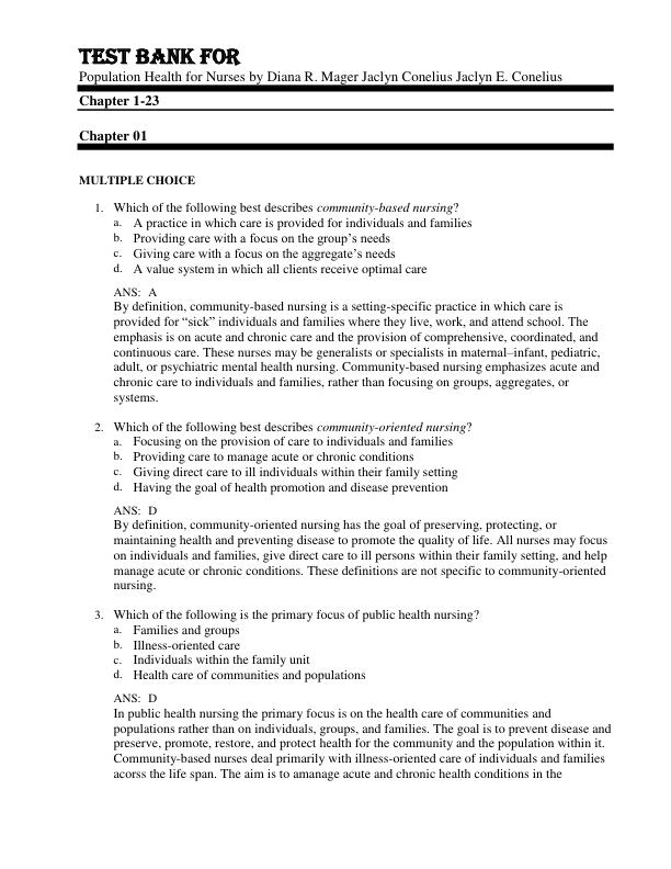 Test Bank For Population Health for Nurses by Diana R. Mager Jaclyn Conelius Jaclyn E. Conelius Chapter 1-23