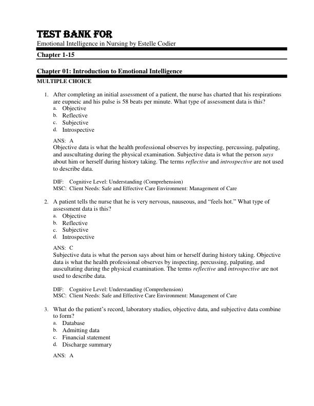 Test Bank For Emotional Intelligence in Nursing by Estelle Codier Chapter 1-15