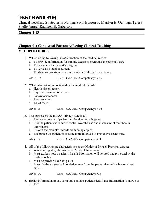 Test Bank For Clinical Teaching Strategies in Nursing Sixth Edition by Marilyn H. Oermann Teresa Shellenbarger Kathleen B. Gaberson Chapter 1-13