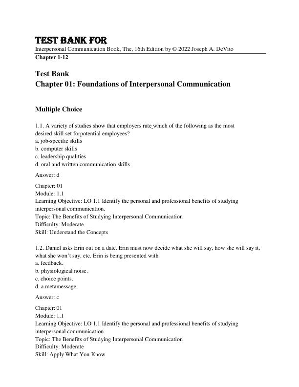 Test Bank For Interpersonal Communication Book, The, 16th Edition by © 2022 Joseph A. DeVito Chapter 1-12