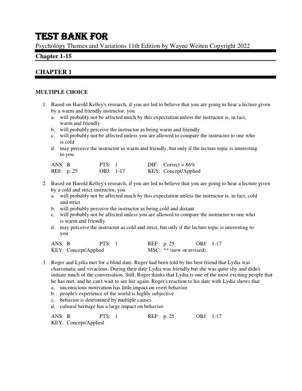 Test Bank For Psychology Themes and Variations 11th Edition by Wayne Weiten  Copyright 2022 Chapter 1-15