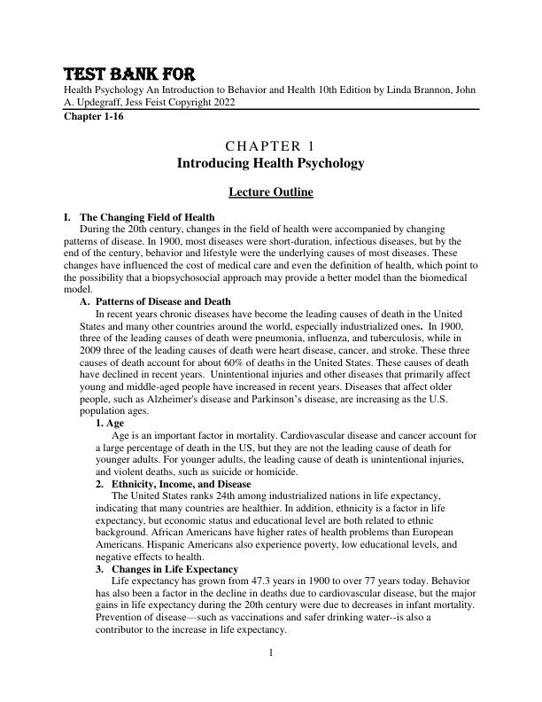 Test Bank For Health Psychology An Introduction to Behavior and Health 10th Edition by Linda Brannon, John A. Updegraff, Jess Feist Copyright 2022 Chapter 1-16