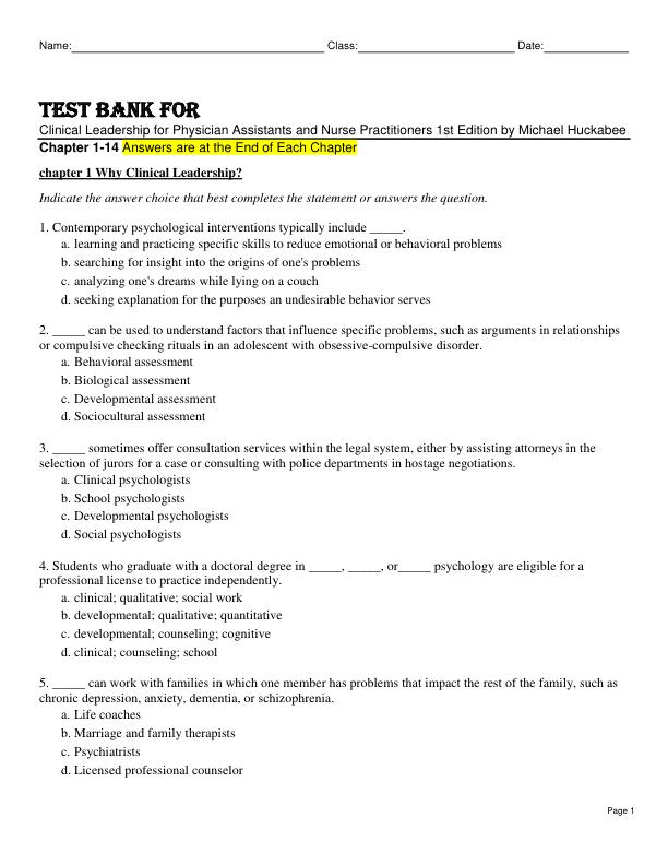 Test Bank For Clinical Leadership for Physician Assistants and Nurse Practitioners 1st Edition by Michael Huckabee Chapter 1-14