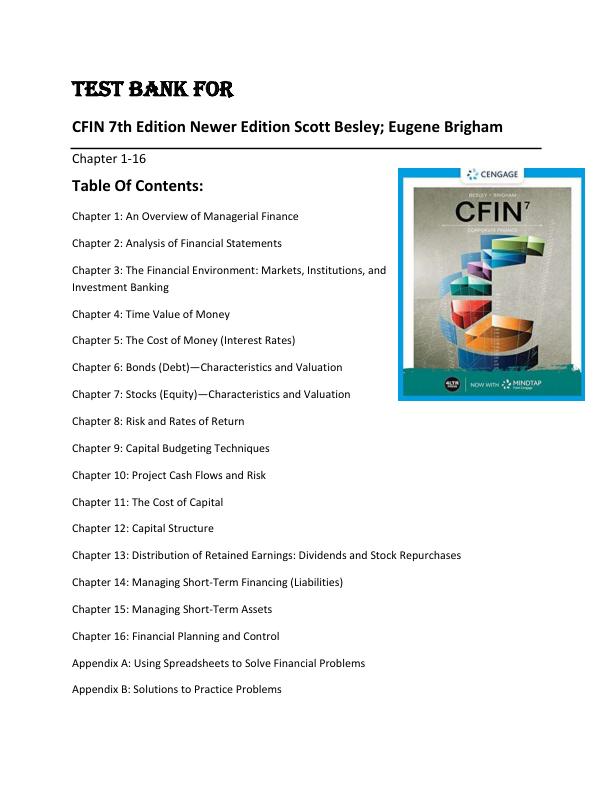 TEST BANK FOR CFIN 7th Edition Newer Edition Scott Besley; Eugene Brigham