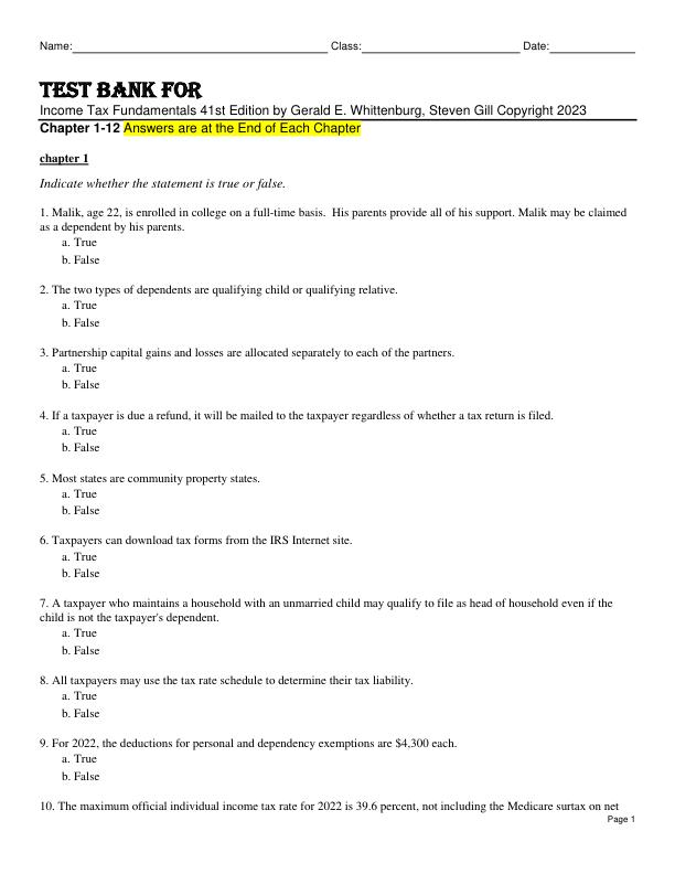 Test Bank For Income Tax Fundamentals 41st Edition by Gerald E. Whittenburg, Steven Gill Copyright 2023 Chapter 1-12