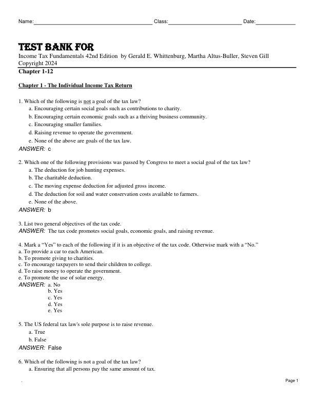 Test Bank For Income Tax Fundamentals 42nd Edition by Gerald E. Whittenburg, Martha Altus-Buller, Steven Gill Copyright 2024 Chapter 1-12