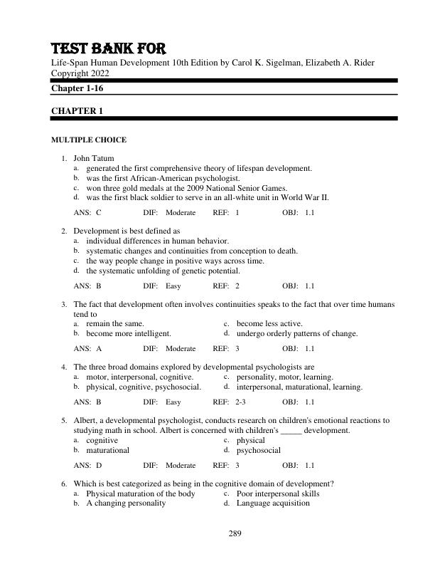 Test Bank For Life-Span Human Development 10th Edition by Carol K. Sigelman, Elizabeth A. Rider Copyright 2022 Chapter 1-16