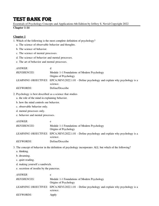 Test Bank For Essentials of Psychology Concepts and Applications 6th Edition by Jeffrey S. Nevid Copyright 2022 Chapter 1-14