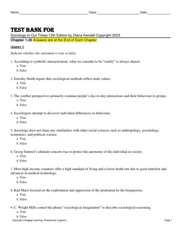 Test Bank For Sociology In Our Times 12th Edition by Diana Kendall Copyright 2023 Chapter 1-20