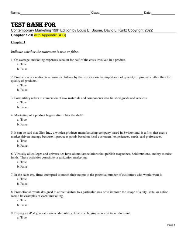 Test Bank For Contemporary Marketing 19th Edition by Louis E. Boone, David L. Kurtz Copyright 2022 Chapter 1-18 With Appendix A B