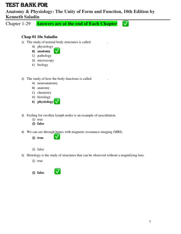 Test Bank For Anatomy & Physiology The Unity of Form and Function, 10th Edition by Kenneth Saladin Chapter 1-29