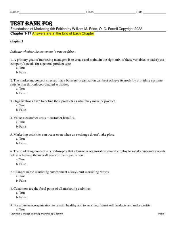 Test Bank For Foundations of Marketing 9th Edition by William M. Pride, O. C. Ferrell  Copyright 2022 Chapter 1-17