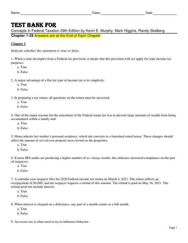 Test Bank For Concepts in Federal Taxation 29th Edition by Kevin E. Murphy, Mark Higgins, Randy Skalberg Chapter 1-28