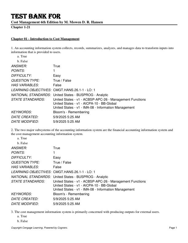 Test Bank for Cost Management 6th edition by M. Mowen D. R. Hansen Chapter 1-21