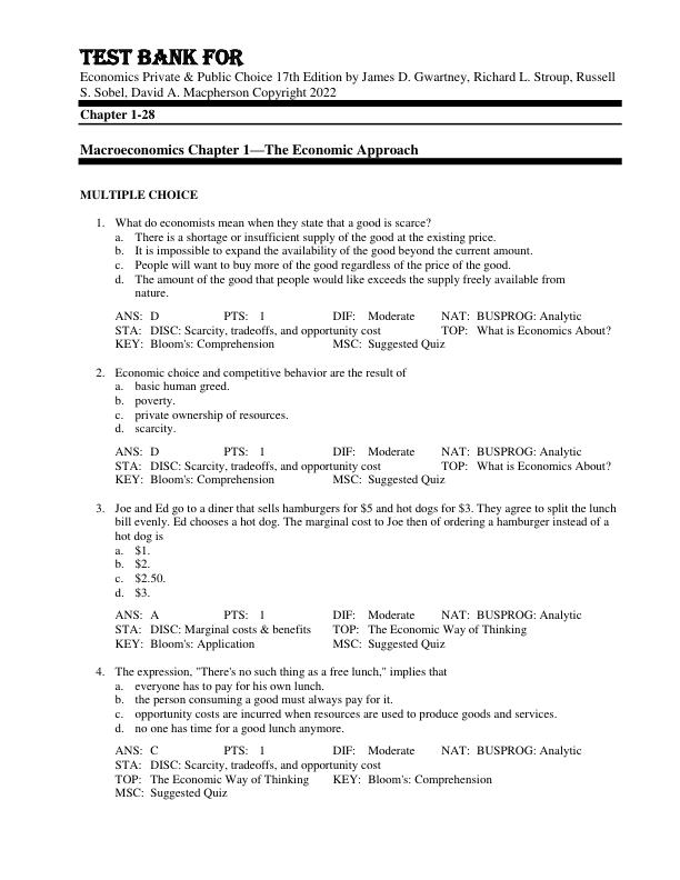 Test Bank For Economics Private & Public Choice 17th Edition by James D. Gwartney, Richard L. Stroup, Russell S. Sobel, David A. Macpherson Copyright 2022 Chapter 1-28