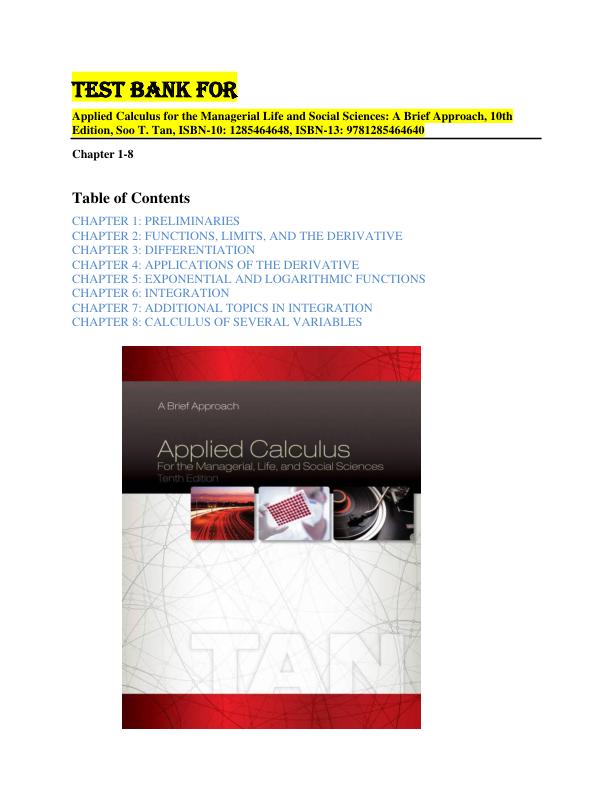 Test Bank for Applied Calculus for the Managerial Life and Social Sciences A Brief Approach, 10th Edition, Soo T. Tan, ISBN-10 1285464648-9-502