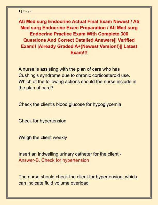 Ati Med surg Endocrine Actual Final Exam Newest