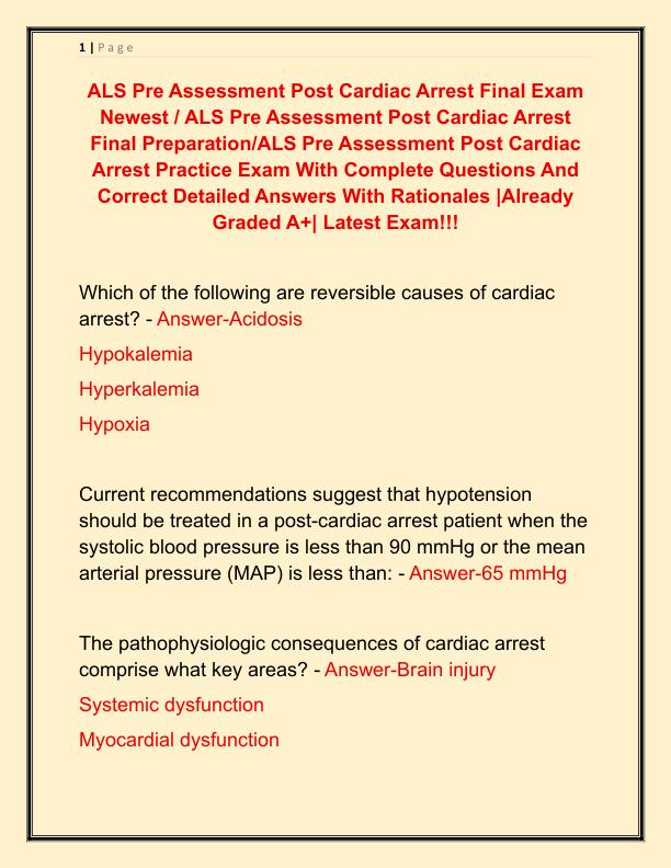 ALS Pre Assessment Post Cardiac Arrest Final Exam Newest