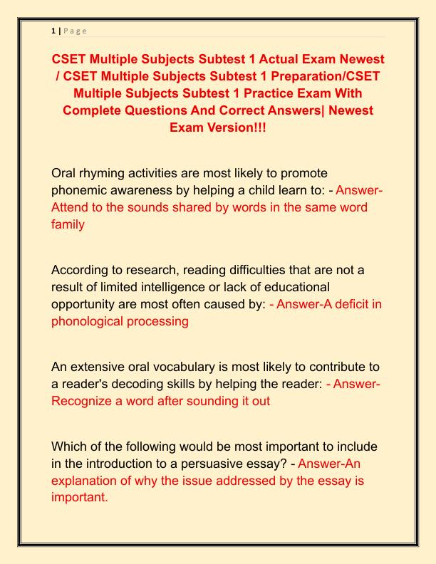 CSET Multiple Subjects Subtest 1 Actual Exam Newest