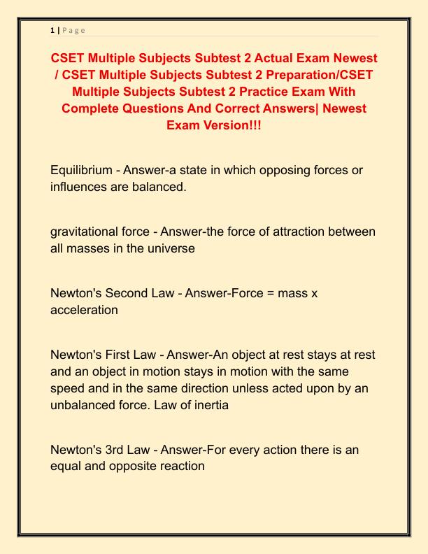 CSET Multiple Subjects Subtest 2 Actual Exam Newest