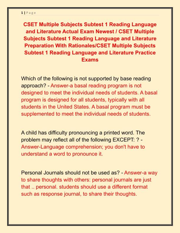 CSET Multiple Subjects Subtest 1 Reading Language and Literature Actual Exam Newest