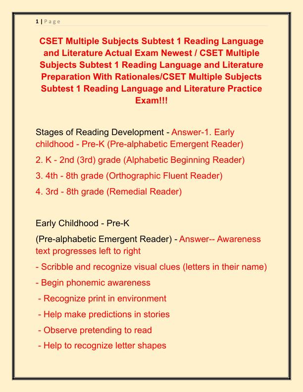 CSET Multiple Subjects Subtest 1 Reading Language and Literature Actual Exam Newes2