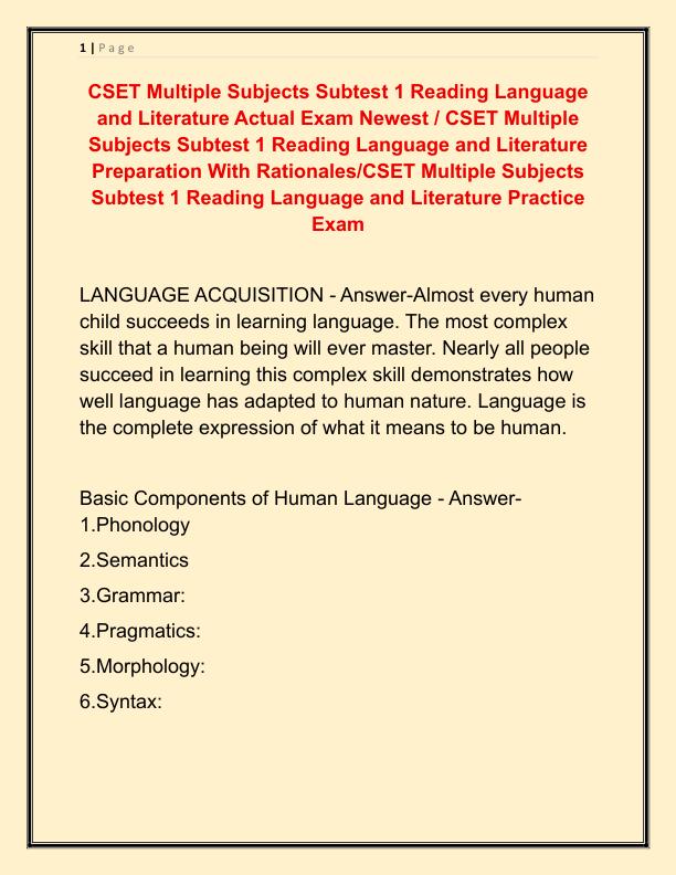 CSET Multiple Subjects Subtest 1 Reading Language and Literature Actual Exam Newes3