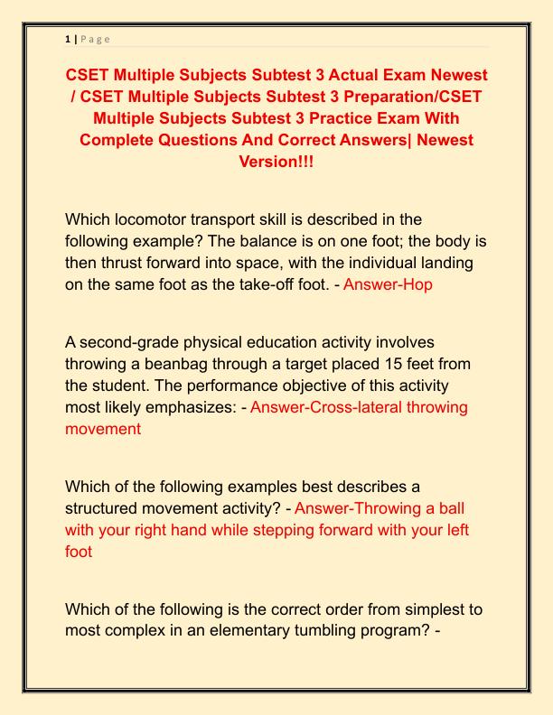 CSET Multiple Subjects Subtest 3 Actual Exam Newest