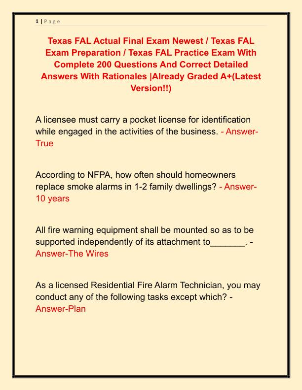 Texas FAL Actual Final Exam Newest