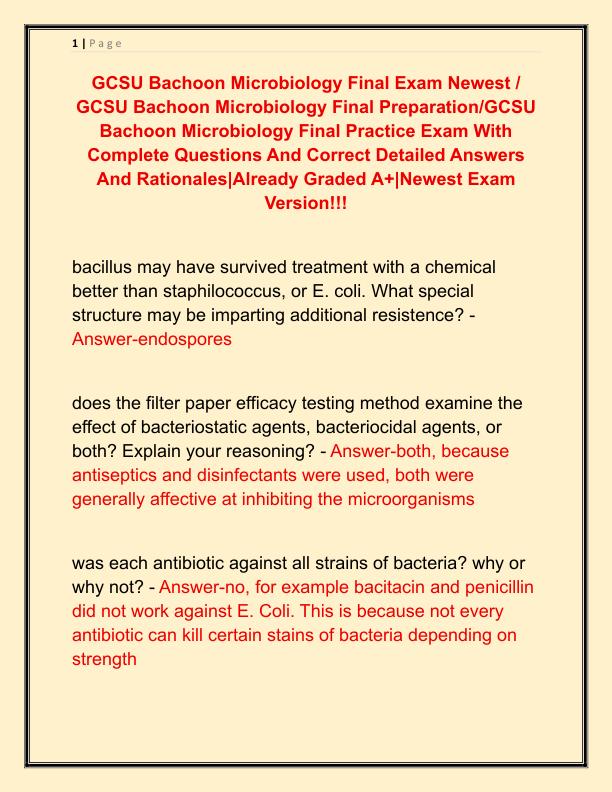 GCSU Bachoon Microbiology Final Exam Newest