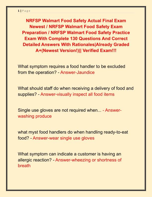 NRFSP Walmart Food Safety Actual Final Exam Newest