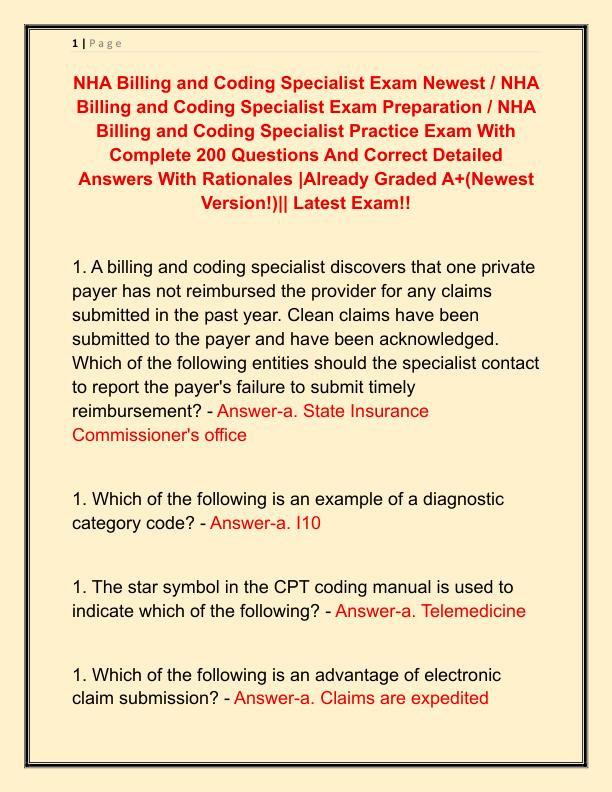 NHA Billing and Coding Specialist Exam Newest